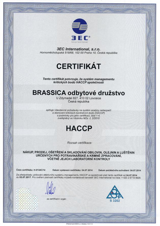 Certifikát Brassica HACCP