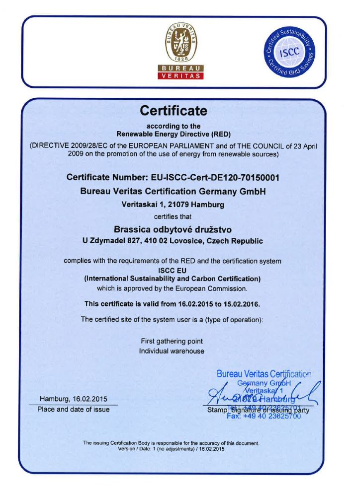 Certifikát Brassica ISCC