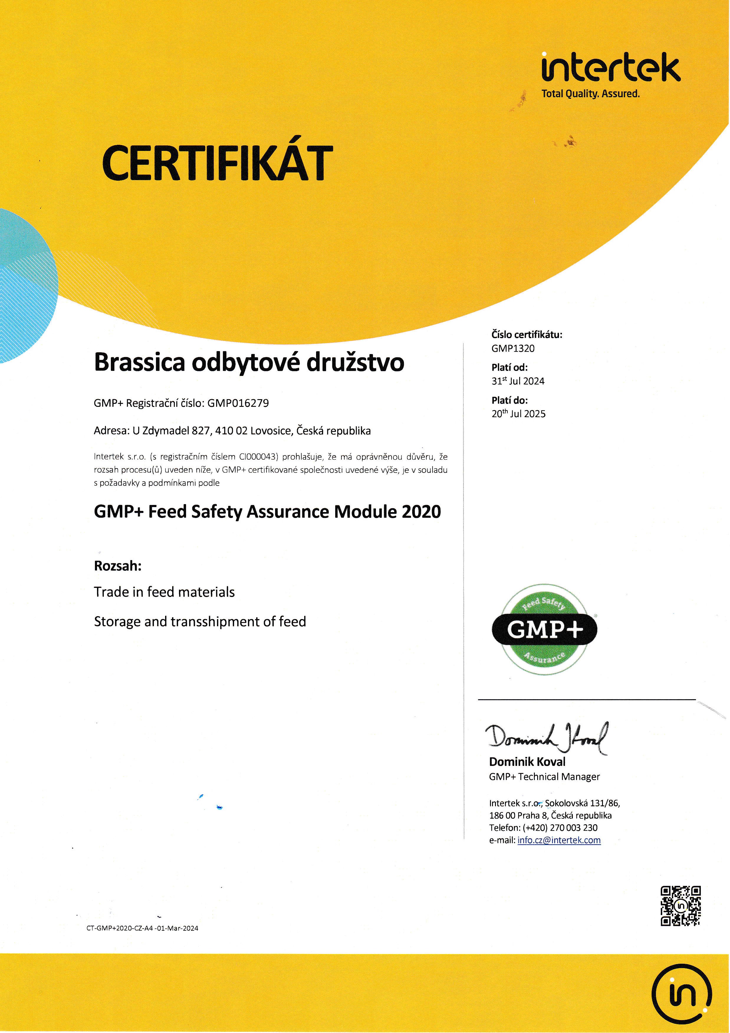 Certifikát Brassica GMP+